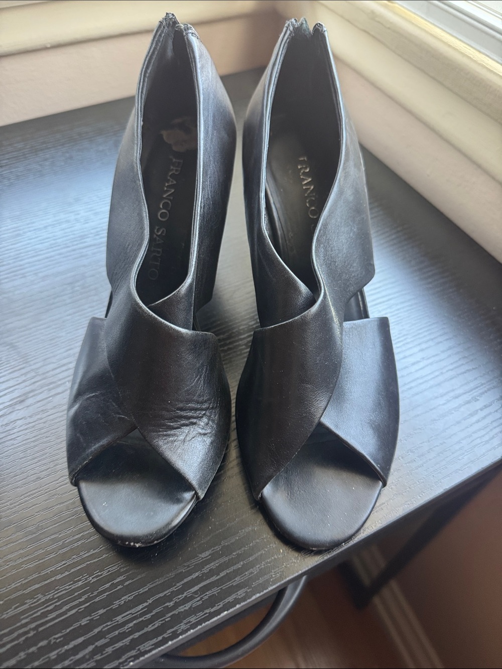 Franco Sarto Black Leather Crossover Peep-Toe 3 1/8 “ Heels